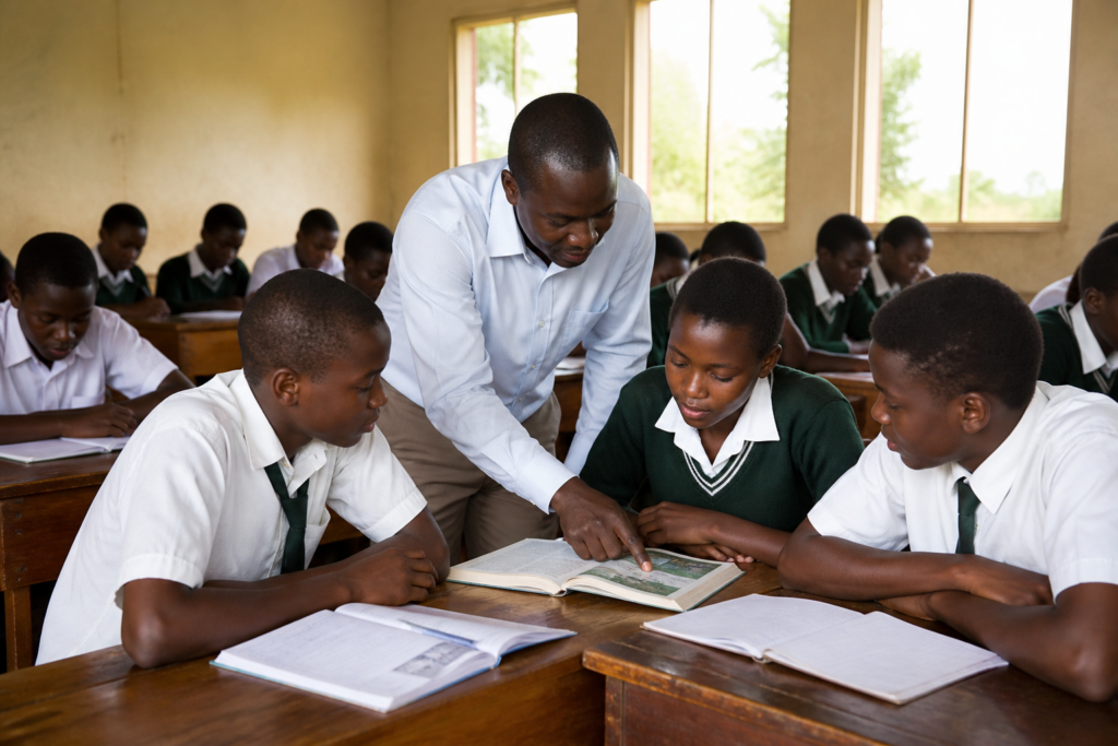 Learners collaborating in a Bwambara Secondary School classroom